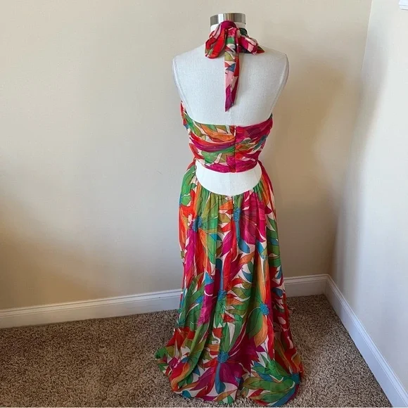 Ronny Kobo Floral Patterned Halter maxi Dress gown Pink Green 26129